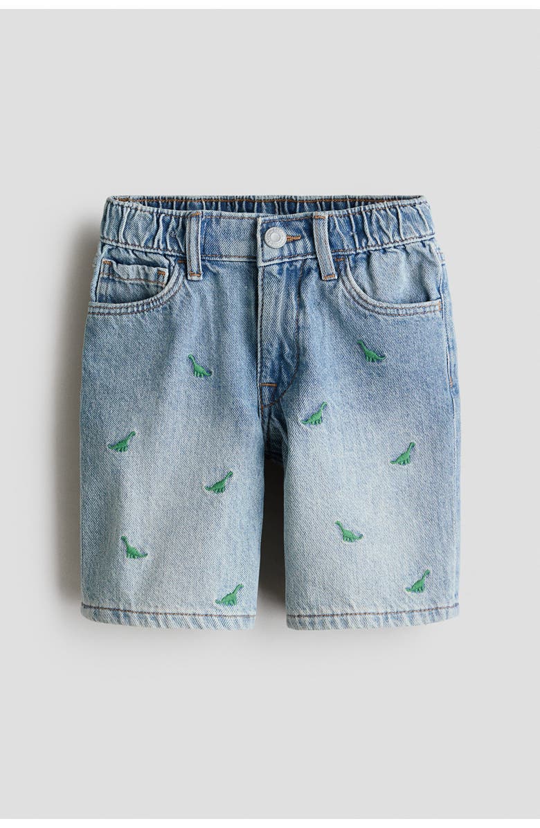 H&M Embroidery-detail Denim Shorts, Main, color, Light Denim Blue/Dinosaurs