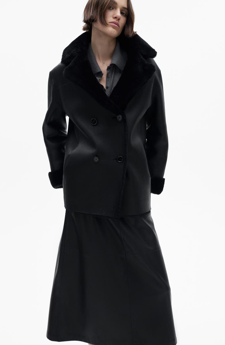 MANGO Faux Fur Collar Double Breasted Leather Jacket, Alternate, color, 