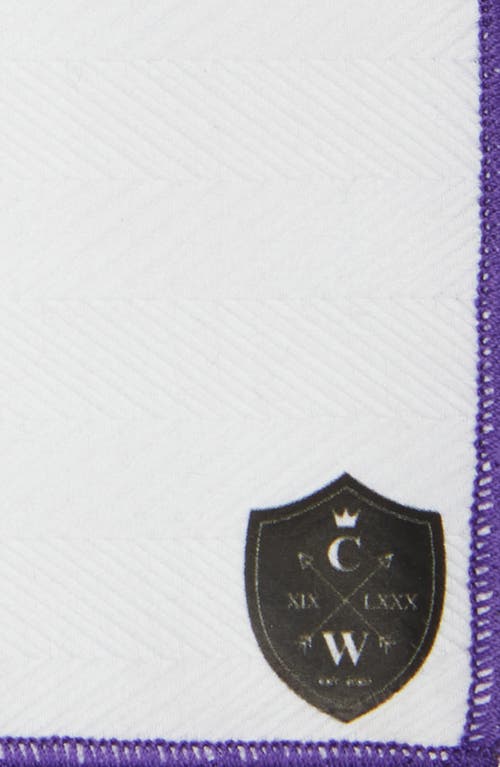 Clifton Wilson White Cotton Herringbone Pocket Square With Purple Trim