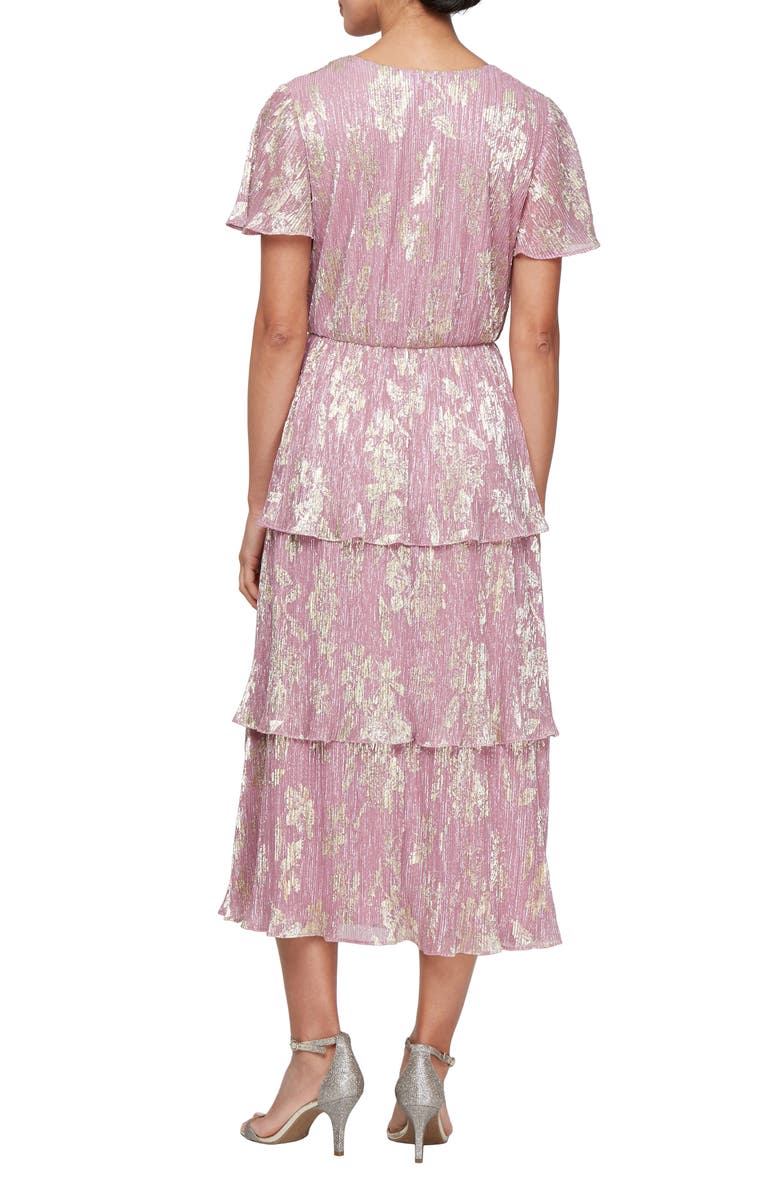 SL FASHIONS Metallic Floral Tiered Cocktail Dress, Alternate, color, Blush