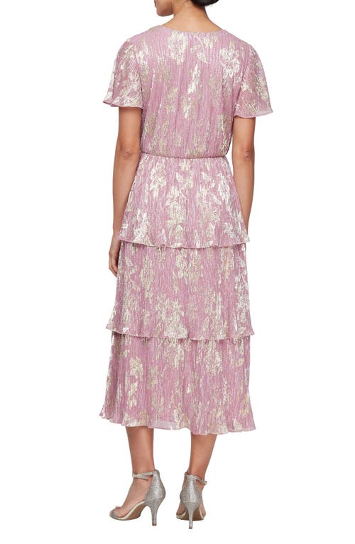 Shop Sl Fashions Metallic Floral Tiered Cocktail Dress In Blush