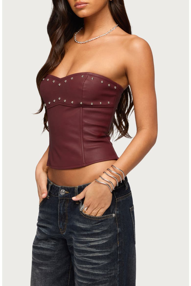 Izara Studded Strapless Faux Leather Top, Alternate, color, BURGUNDY