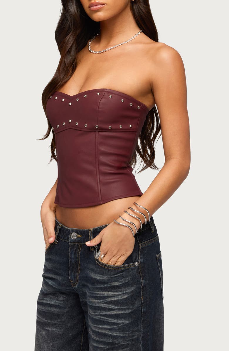 EDIKTED Izara Studded Strapless Faux Leather Top, Alternate, color, Burgundy