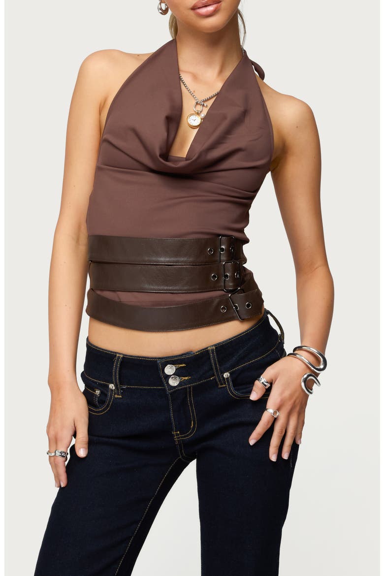 Buckle Halter Neck Open Back Crop Top, Main, color, BROWN