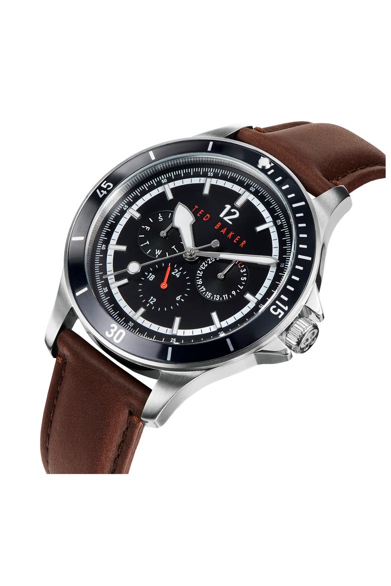 Northn Leather Strap Watch, 43mm, Alternate, color, BROWN