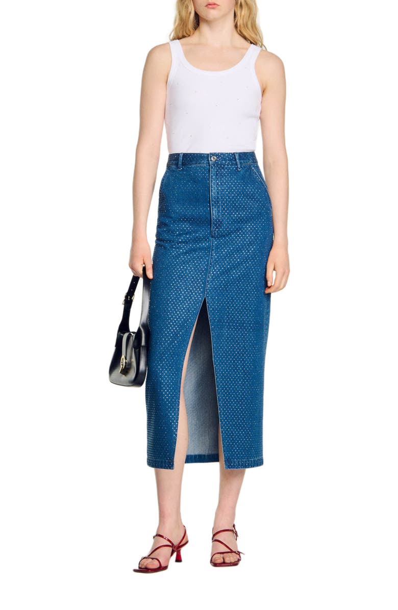 SANDRO Rhinestone denim maxi skirt, Alternate, color,