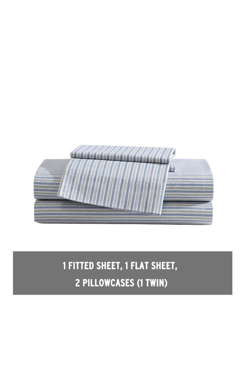 Ticking Stripe 200 Thread Count Cotton Percale Sheet Set, Alternate, color, NAVY BLUE/ GREEN