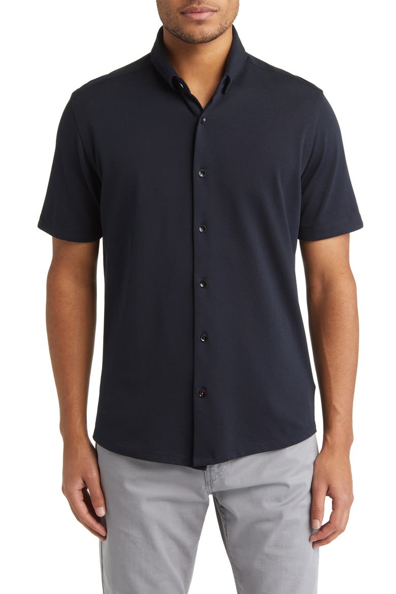 DRY TOUCH® Performance Piqué Knit Button-Up Shirt, Main, color, BLACK