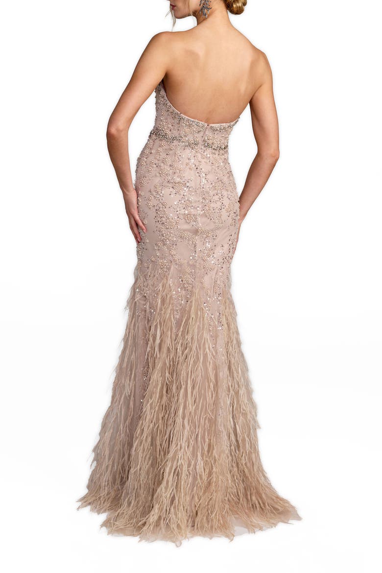 Strapless Beaded Net Trumpet Gown With Feathers, Alternate, color, Champagne