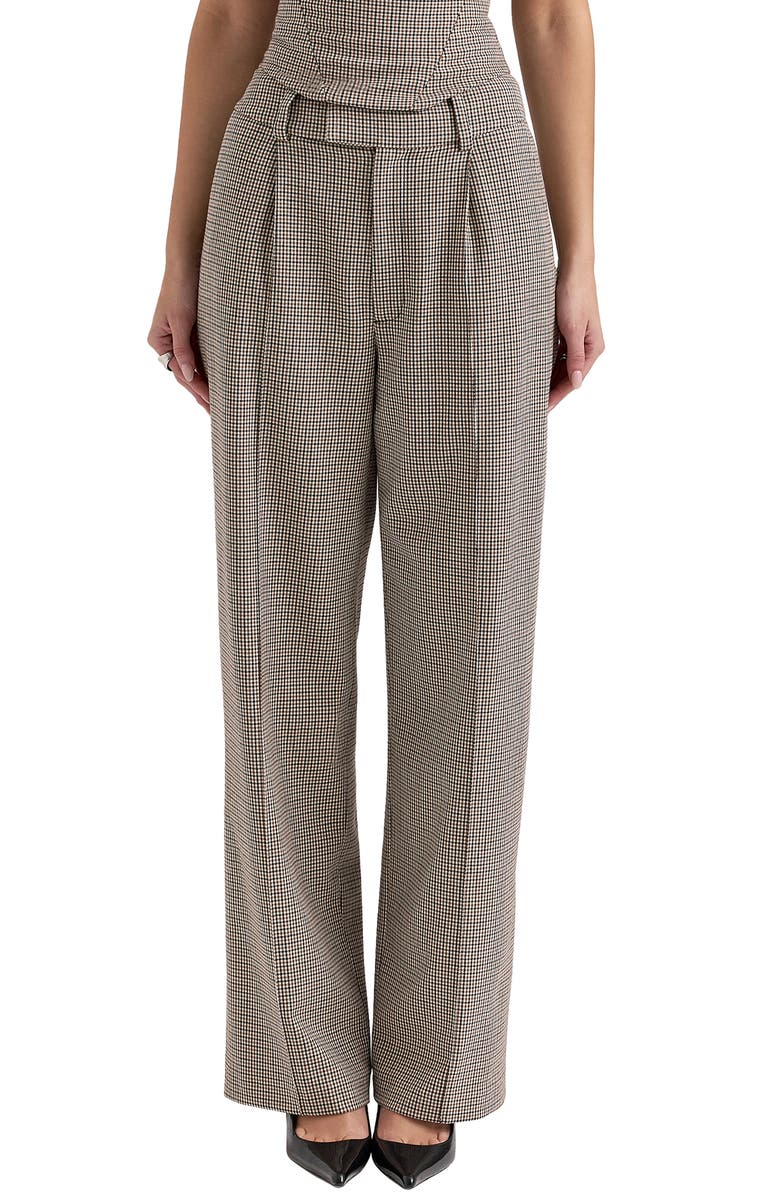 HOUSE OF CB Hayden High Waist Wide Leg Trousers, Main, color, Beige Checked