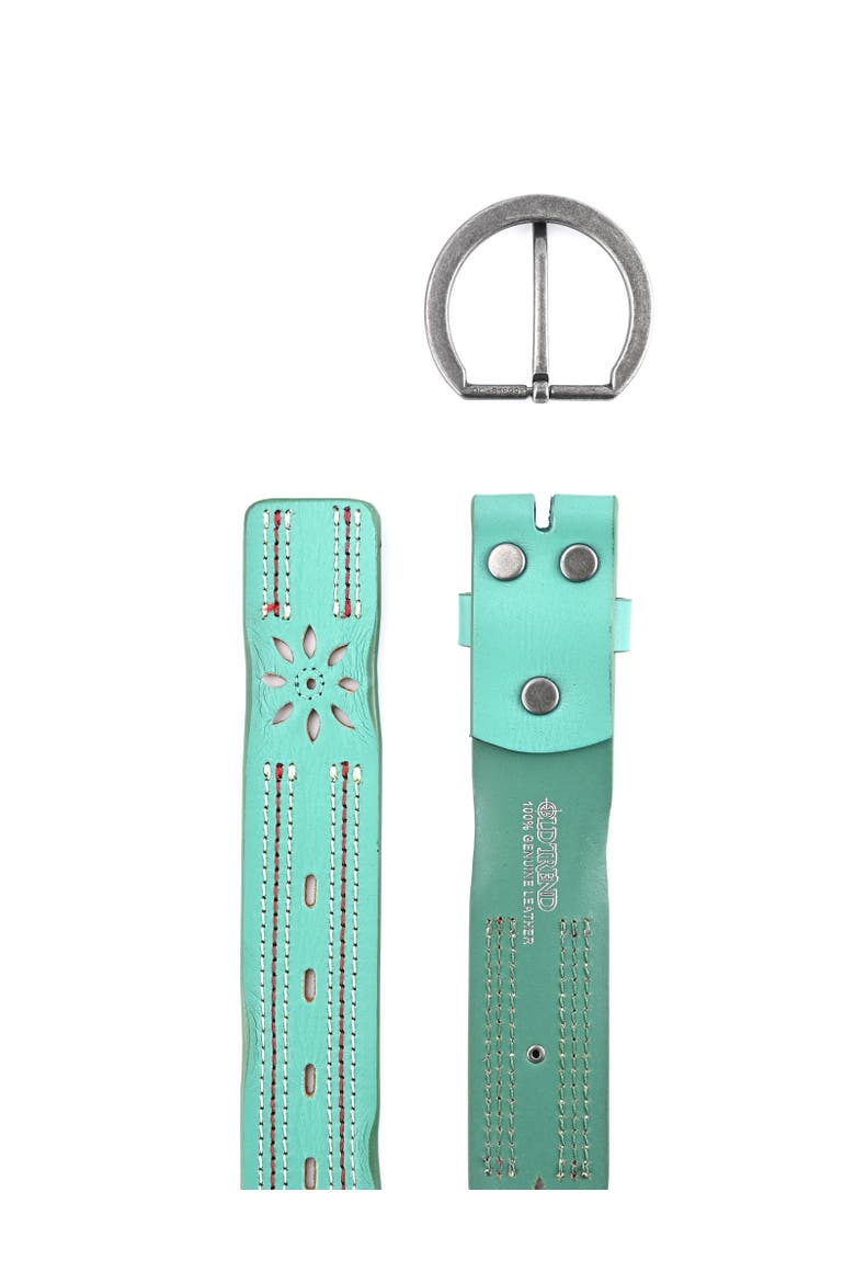 Blossom Genuine Leather Stitched Perforated Detail Belt, Alternate, color, Aqua