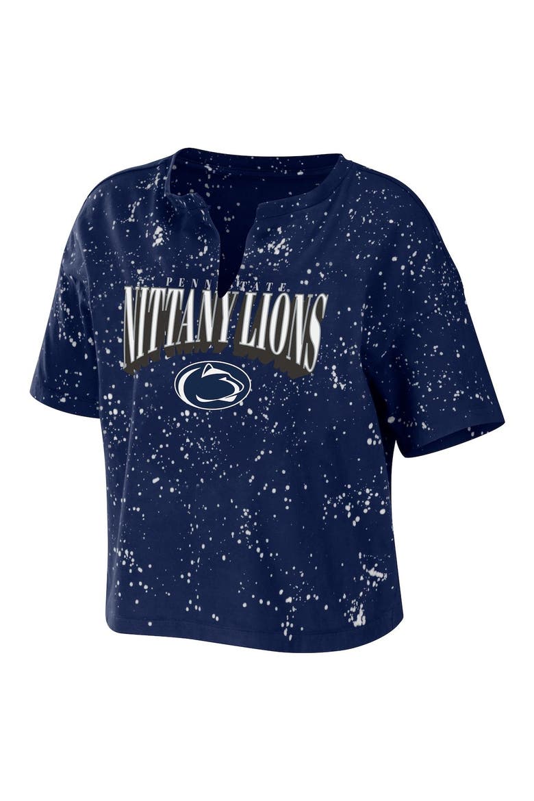 Women's WEAR by Erin Andrews Navy Penn State Nittany Lions Bleach Wash Splatter Cropped Notch Neck T-Shirt, Main, color, Gray