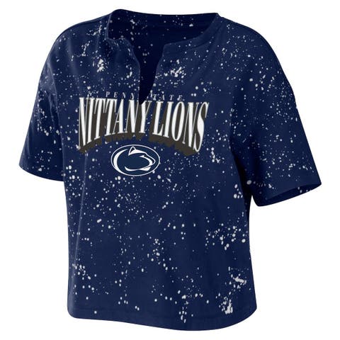 Women's WEAR by Erin Andrews Navy Penn State Nittany Lions Bleach Wash Splatter Cropped Notch Neck T-Shirt