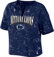 WEAR by Erin Andrews Women's WEAR by Erin Andrews Navy Penn State Nittany Lions Bleach Wash Splatter Cropped Notch Neck T-Shirt