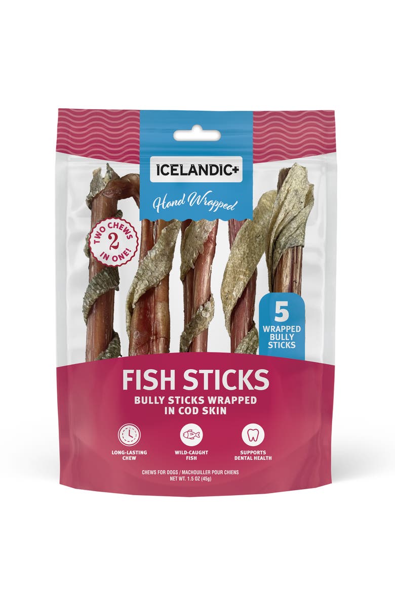 ICELANDIC+ Fish Sticks - Bully Stick Wrapped In Cod Skin 5 Pack, 6" - Dog Treats, Main, color, Multicolored