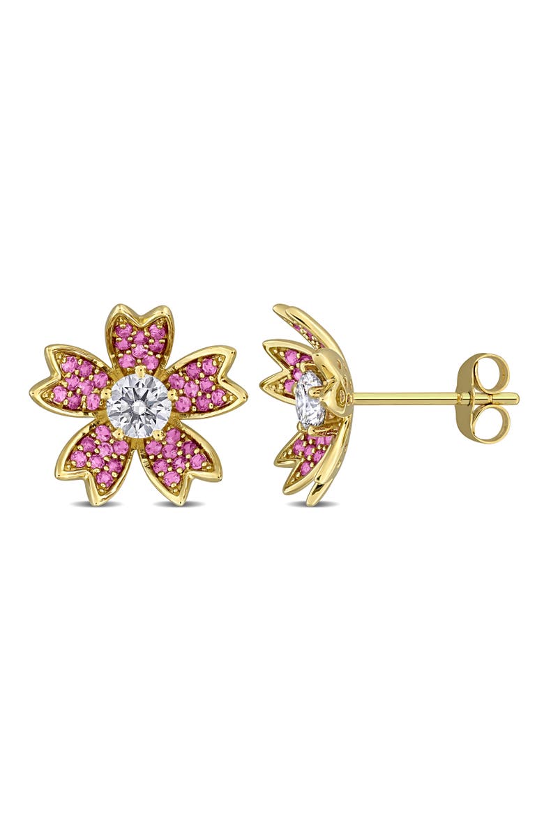 Lab Grown Diamond & Pink Sapphire Flower Earrings, Main, color, Yellow Gold