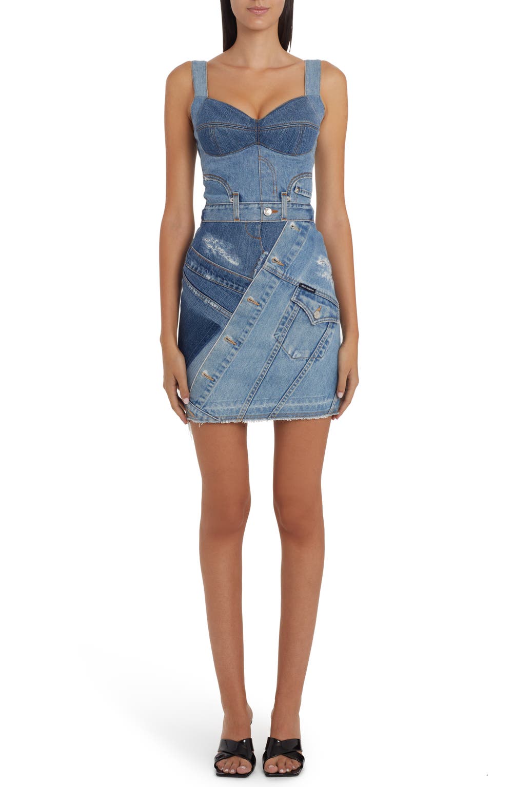 Patchwork Denim Bustier Minidress, color, MEDIUM BLUE