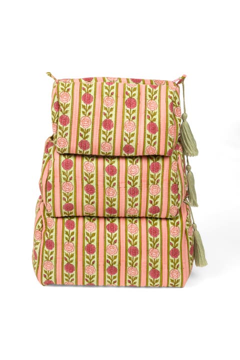 Vintage Floral Stripes Makeup Bag - Set of 3