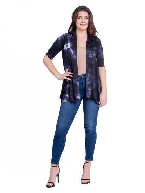24seven Comfort Apparel Tie Dye Elbow Sleeve Open Front Cardigan In Black
