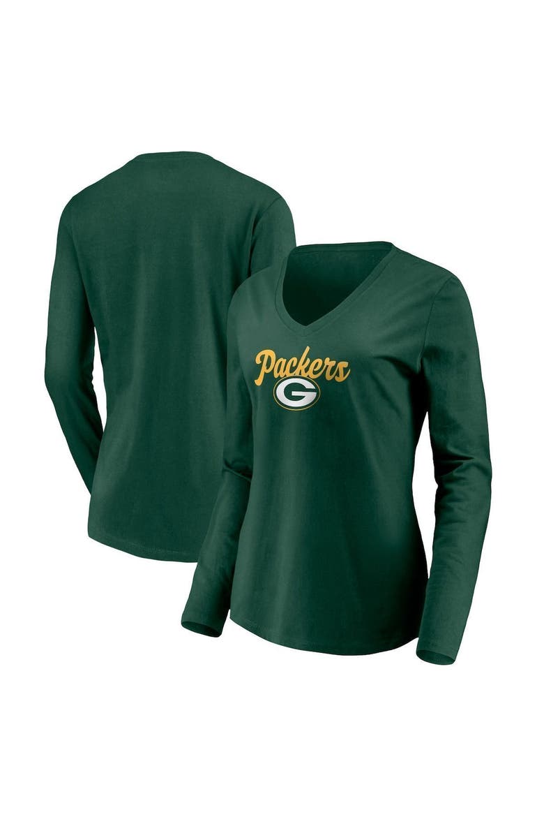 Women's Fanatics Branded Green Green Bay Packers Freehand Long Sleeve V-Neck T-Shirt, Main, color, GREEN