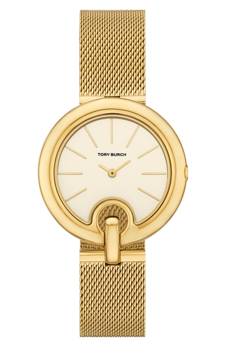 Tory Burch The Pierced Mesh Strap Watch, 36mm, Main, color, Gold