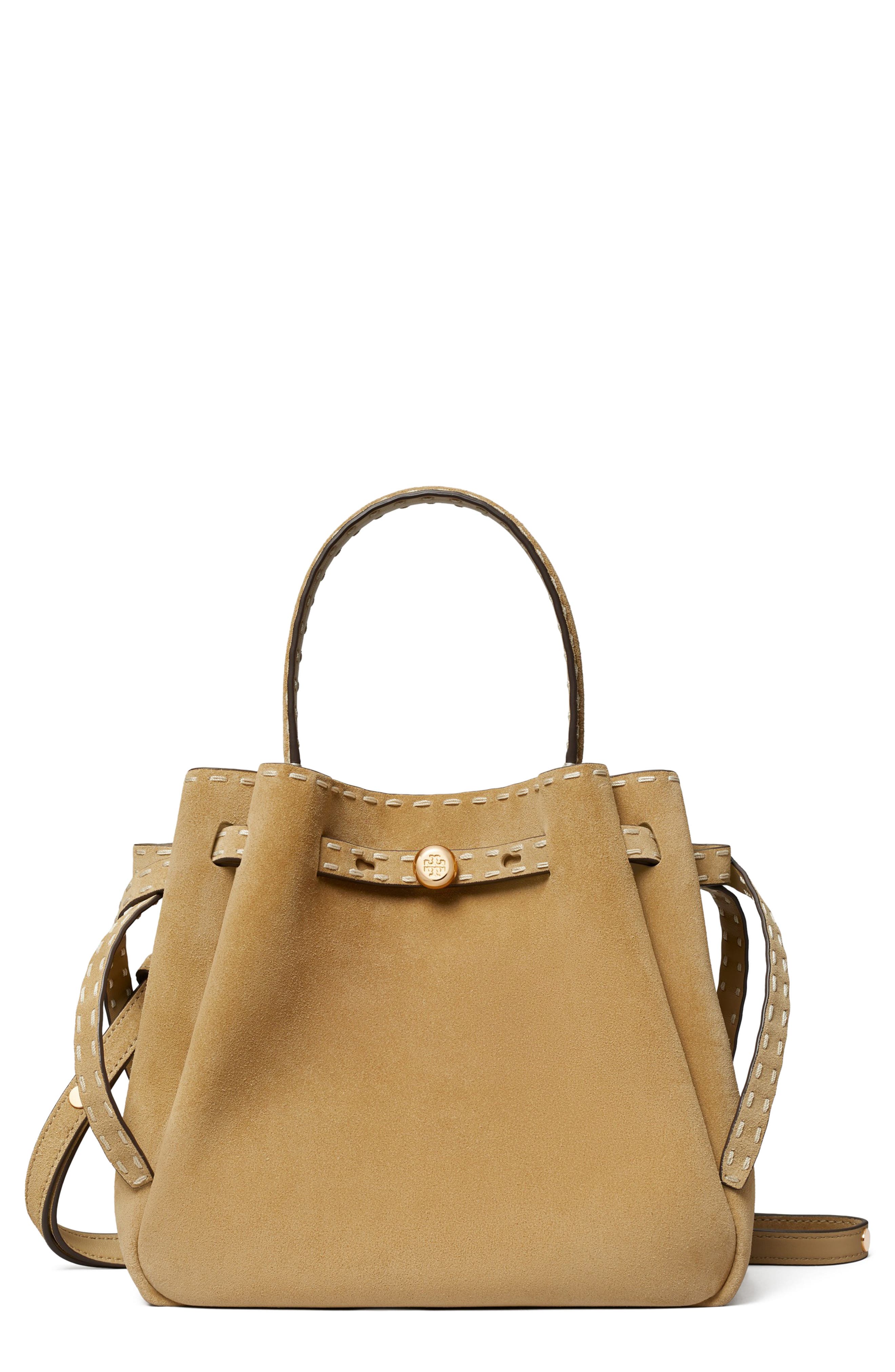 Tory Burch Romy Suede Bucket Bag, Main, color, Butter