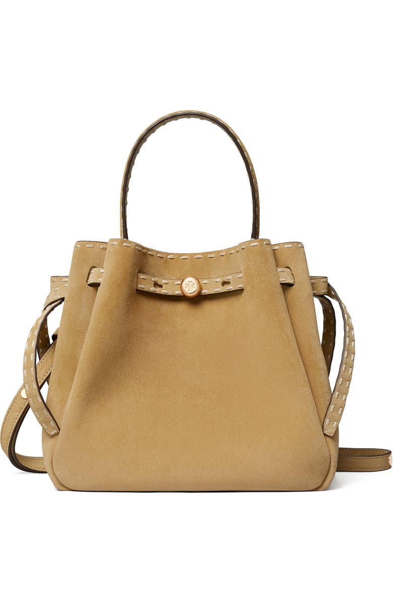 Tory Burch Romy Suede Bucket Bag, Main, color, Butter