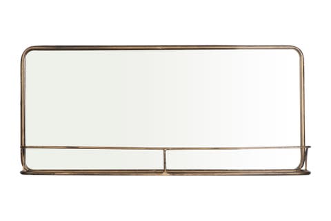 Wide Metal Framed Wall Mirror with Shelf, Brass