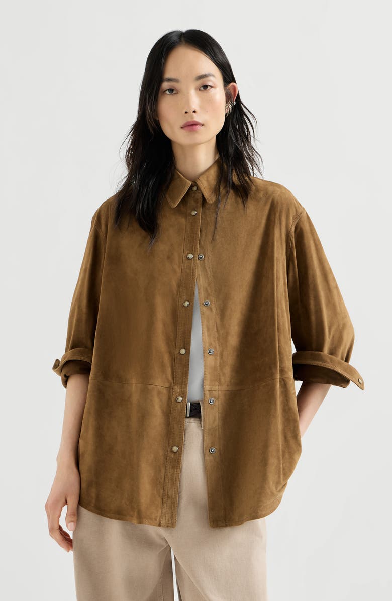 Brunello Cucinelli Suede shirt with monili, Main, color, Light Brown