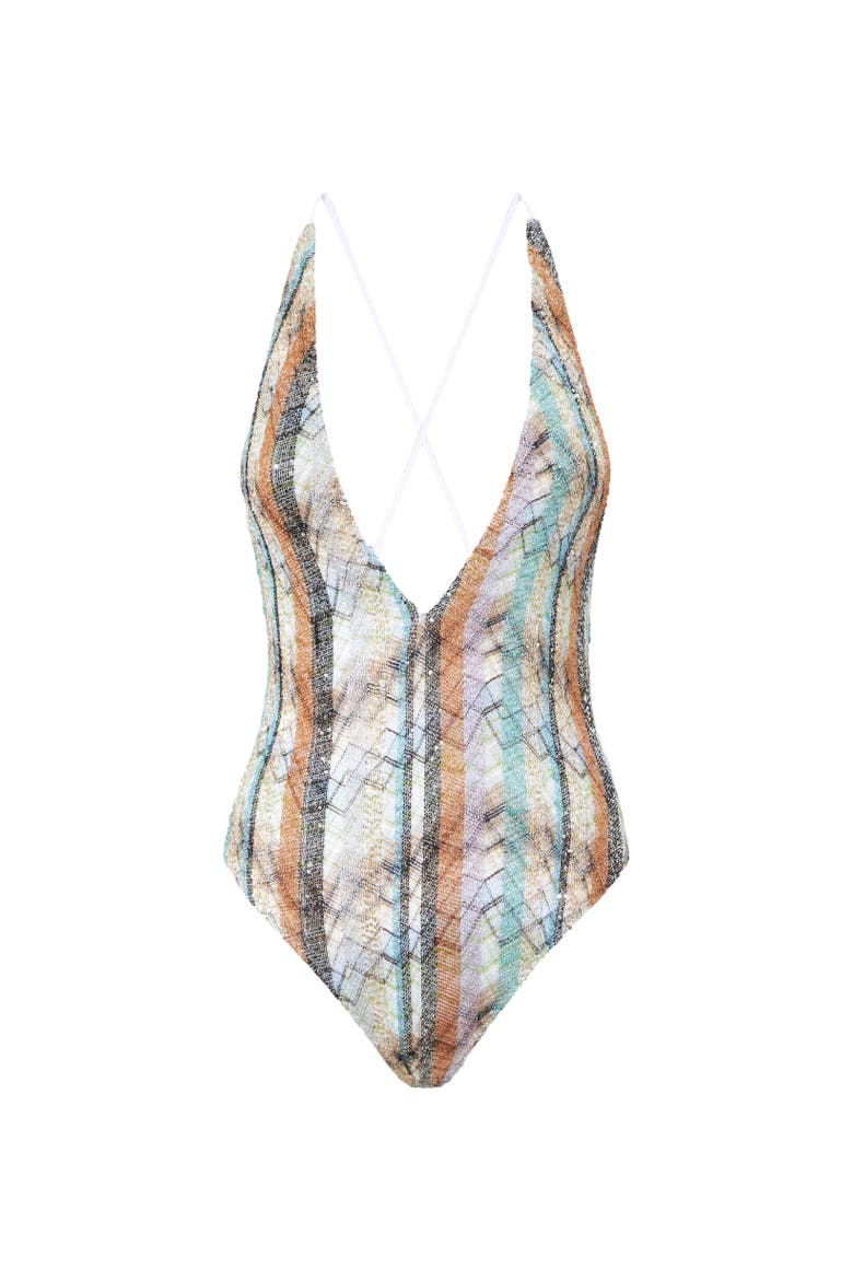 One-piece Swimsuit In Lamé Viscose Blend With Multi-workmanship And Deep V-neckline, Alternate, color, Multicoloured