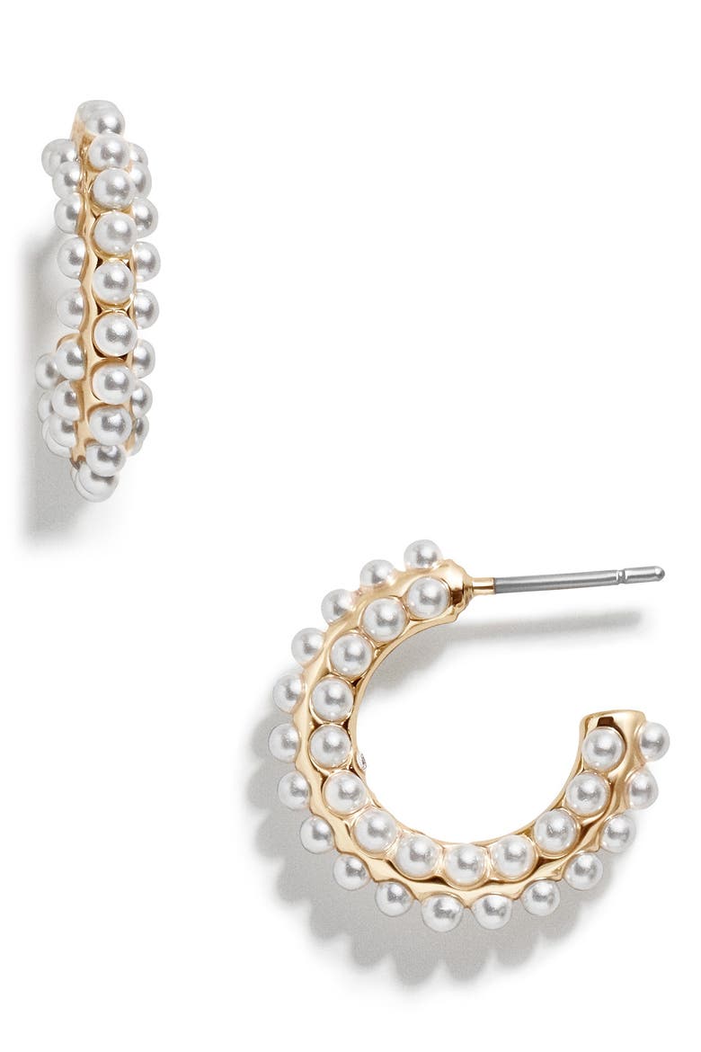 Nina Faux Pearl Hoop Earrings, Main, color, PEARL
