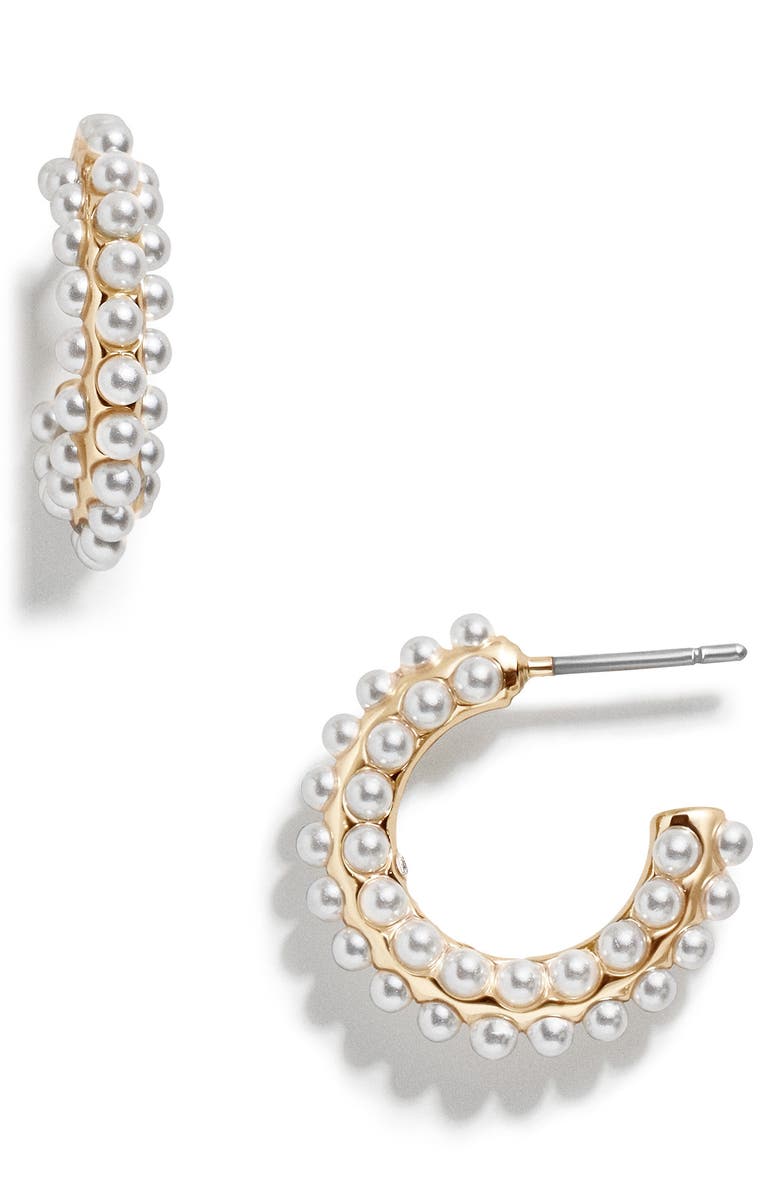 BaubleBar Nina Imitation Pearl Hoop Earrings, Main, color, Pearl