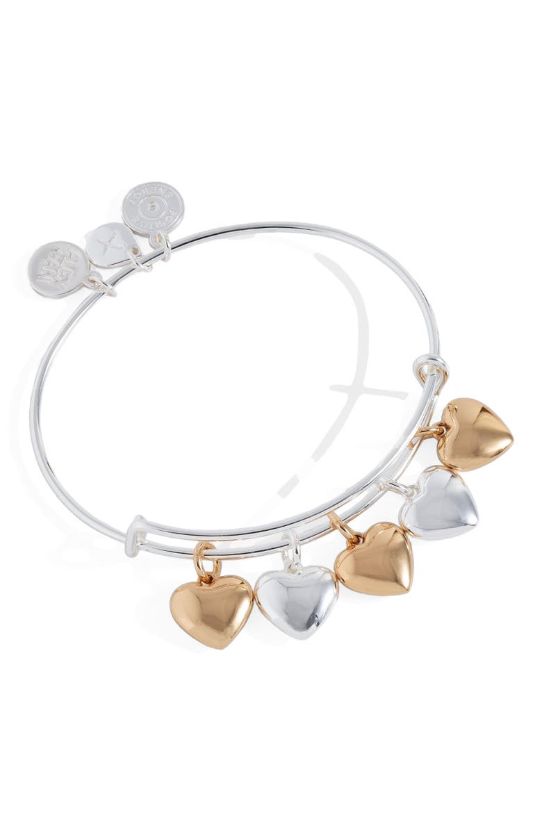 Alex and Ani Puffy Heart Multi Charm Bangle Bracelet, Main, color,