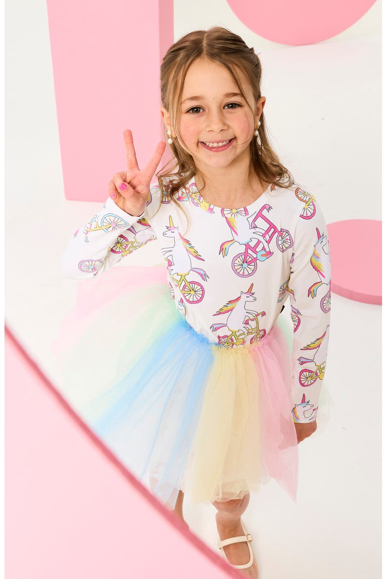 Kids' Unicorn Circus Print Long Sleeve Tulle Party Dress, Alternate, color, CREAM