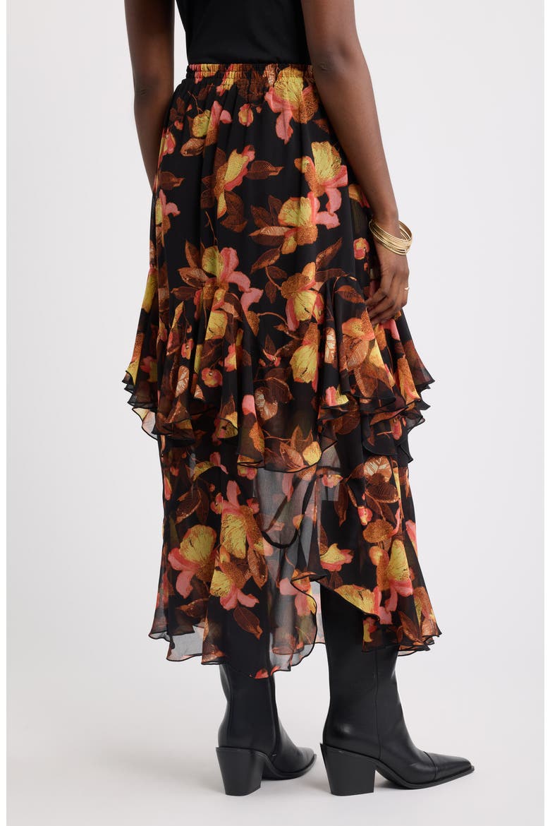 Tiered Chiffon Maxi Skirt, Alternate, color, BLACK- PINK BOLD PETALS