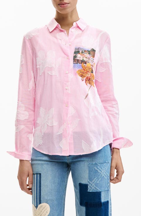Floral Appliqué Stripe Graphic Button-Up Shirt