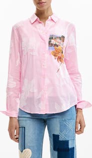 Desigual Floral Appliqué Stripe Graphic Button-Up Shirt