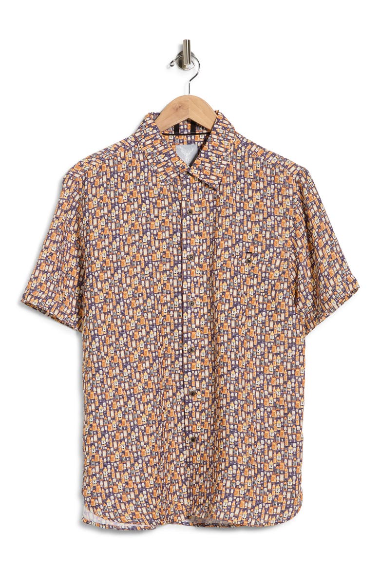 Happy Hour Print Short Sleeve Button Down Shirt, Alternate, color, NAVY