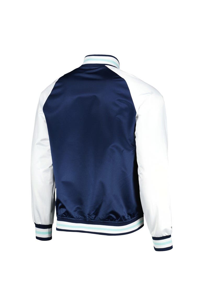 Men's Mitchell & Ness Deep Sea Blue/White Seattle Kraken Primetime Raglan Satin Full-Snap Jacket, Alternate, color, Navy