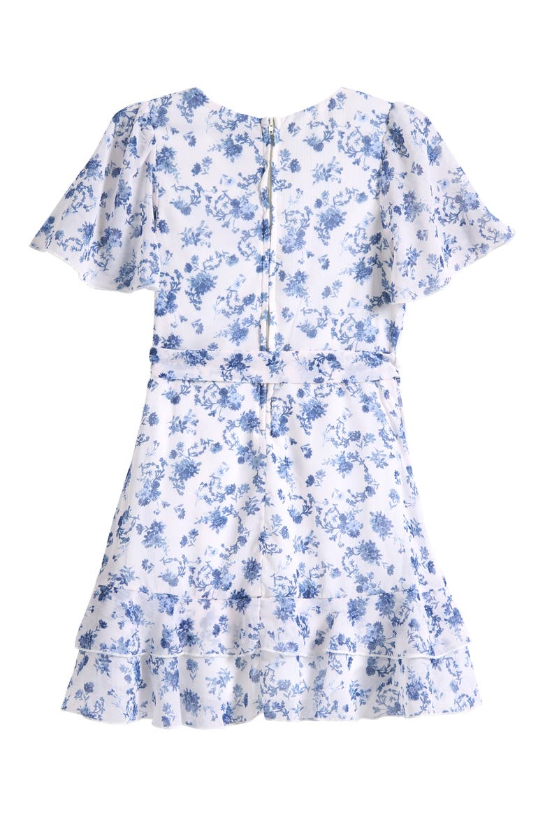 Kids' Flutter Sleeve Faux Wrap Party Dress, Alternate, color, IVORY/BLUE