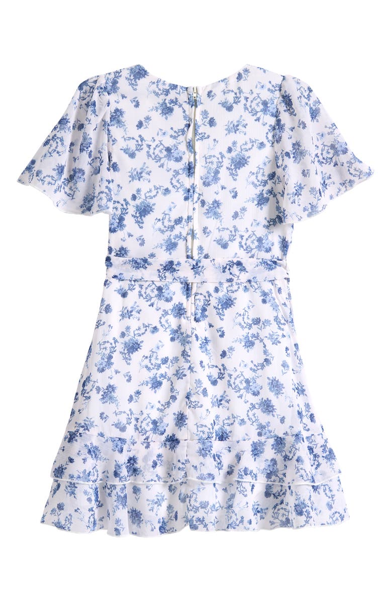 Zunie Kids' Flutter Sleeve Faux Wrap Party Dress, Alternate, color, Ivory/Blue