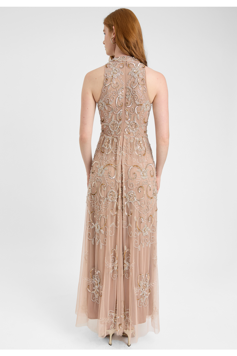 Embellished Sequin Beaded Maxi Dress With High Neckline With Sleeveless Design, Alternate, color, TAUPE BLUSH