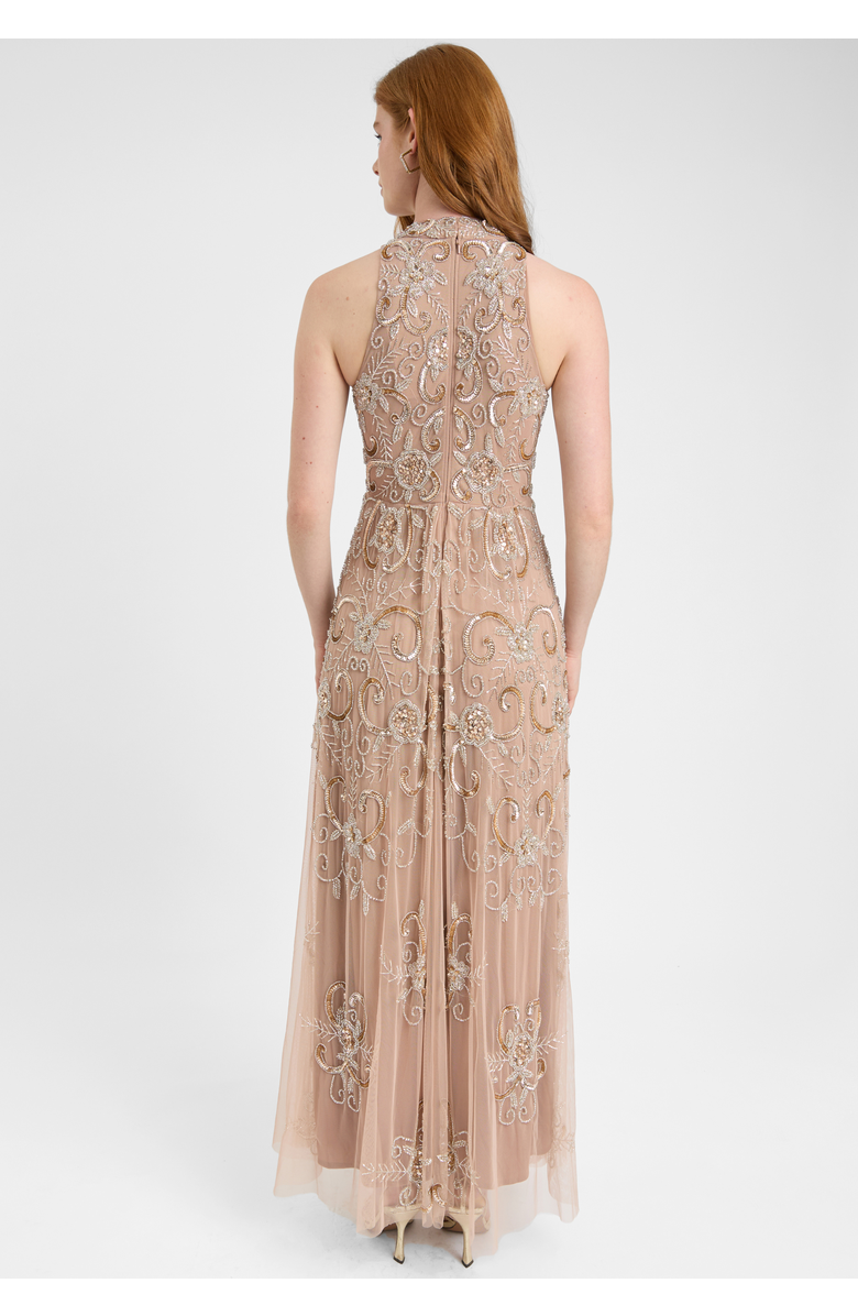 BEAUUT Embellished Sequin Beaded Maxi Dress With High Neckline With Sleeveless Design, Alternate, color, Taupe Blush