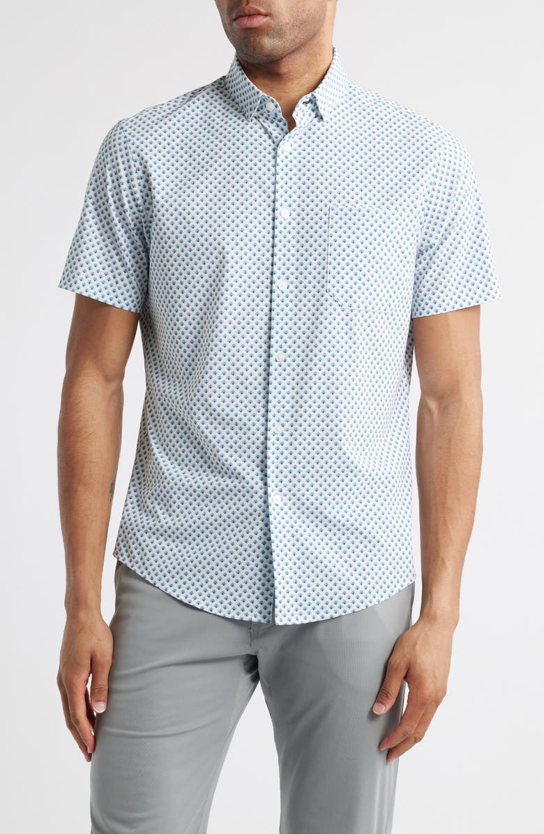 Mizzen+Main Leeward Trim Fit Diamond Print Short Sleeve Button-Up Shirt, Main, color, White Foulard
