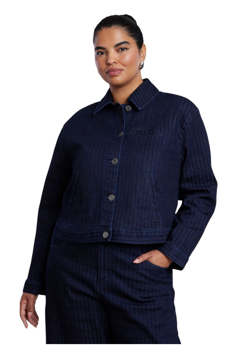 Striped Denim Trucker Jacket, Main, color, DARK WASH STRIPE