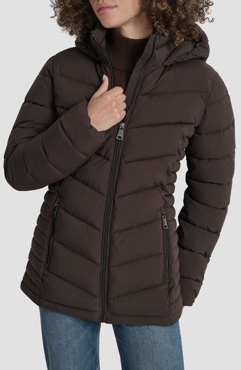 Dkny Cire Packable Hooded Puffer Jacket In Brown