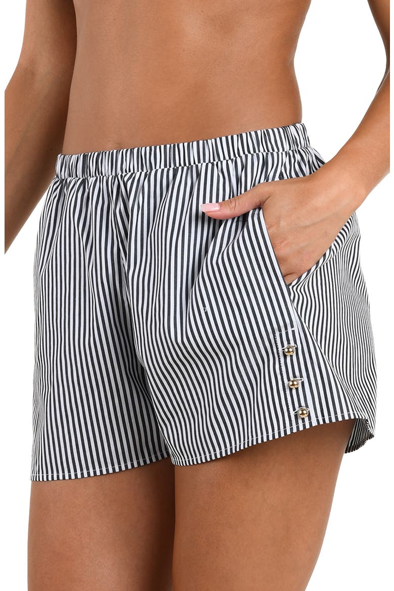 Amiya Voyage Stripe Cotton Poplin Cover-Up Shorts, Alternate, color, BLACK