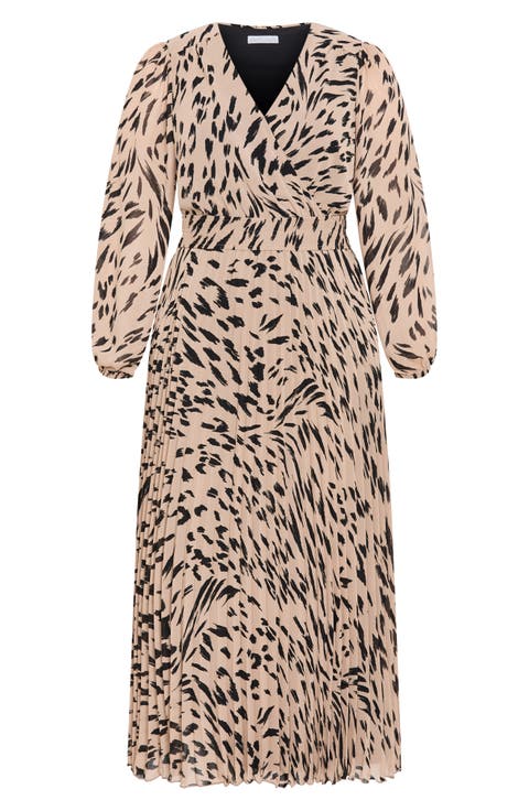 Georgina Pleated Long Sleeve Chiffon Faux Wrap Maxi Dress