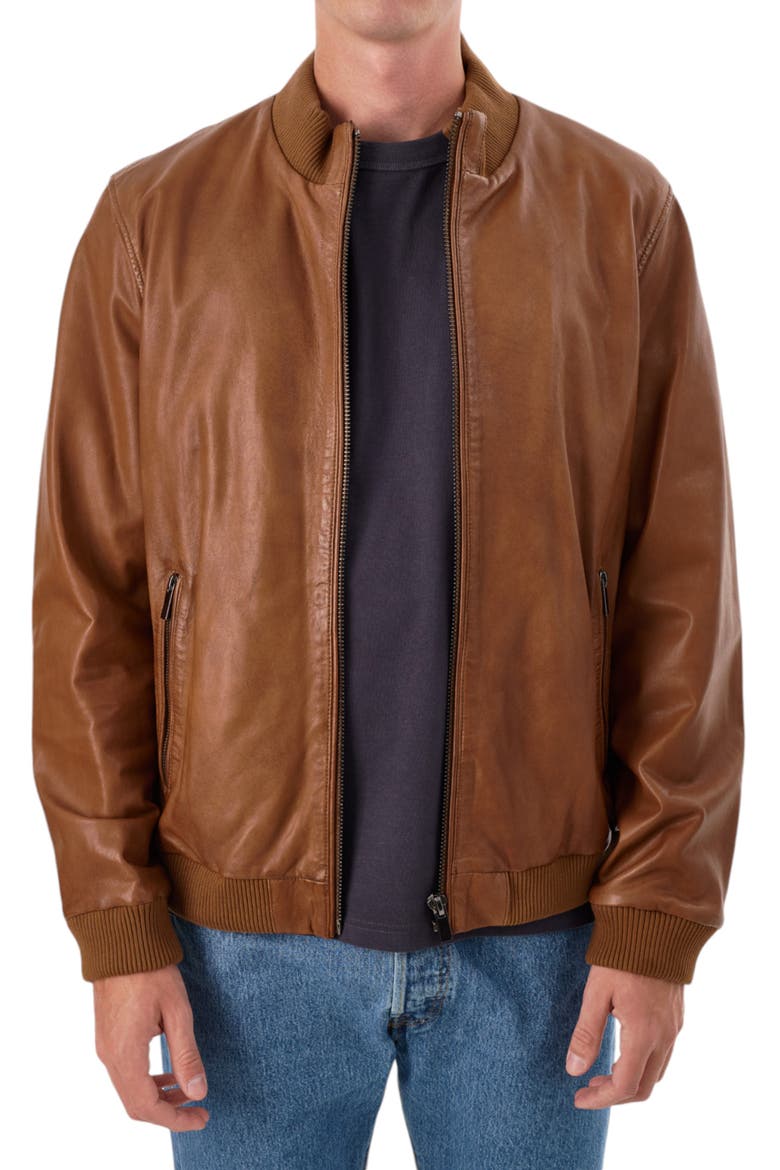 Zip Leather Jacket, Main, color, COGNAC