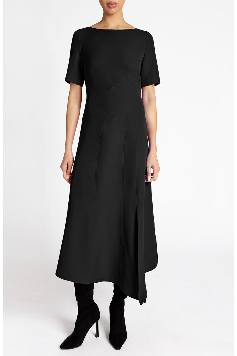 Inez Short Sleeve Midi A Line Dress in Soft Stretch Crepe, Main, color, BLACK